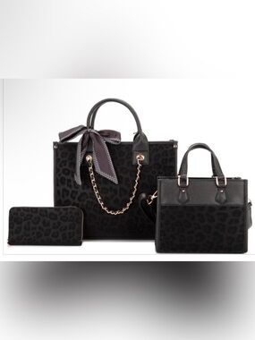 Black 4n1 Leopard-Print Tote Bag with Chain Accent
